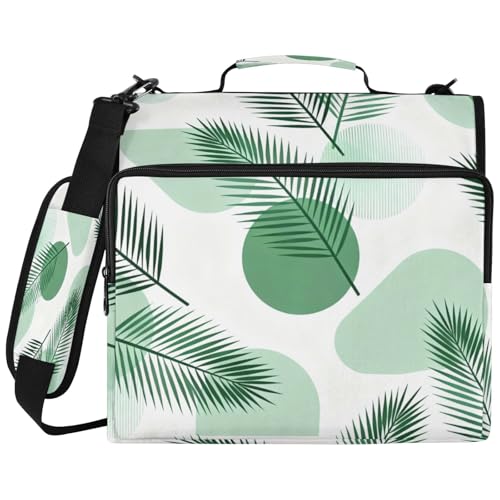 Boho Palm Leaves Zipper Binder with 2 Inch D-Rings Expandable File Portfolio with Shoulder Strap, Waterproof Nylon Organizer for 14" Laptop for Work College Travel