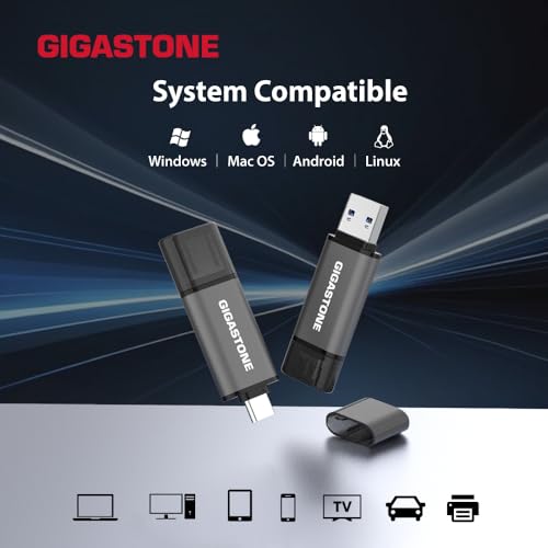 GIGASTONE 128GB Dual USB Flash Drive, USB 3.2 Gen 1, 2-in-1 USB C+A, Speed Up to 100MB/s, Head Cap Design Thumb Drive, Plug & Play for Smartphone/PC/Mac/TV/Car Audio, USB 2.0/3.0/3.1 Compatible