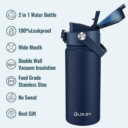OLDLEY 18oz Insulated Water Bottle with 2-in-1 Straw & Chug Lid, Leakproof Stainless Steel Bottle, Cup Holder Friendly Vacuum Water Bottle for Travel, and School,Navy - color: Navy