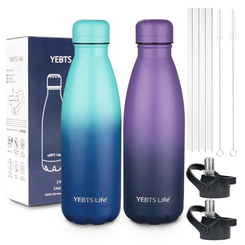 Insulated Water Bottle, 2 Pack-12oz Stainless Steel Water Bottles with straw lid, Metal Sports Water Bottles for Boys,Girls, Double Wall Vacuum BPA-Free Flask for Sports (Purple Ocean) - color: Purple Navy blue-Ocean Dream, size: 12 Ounces