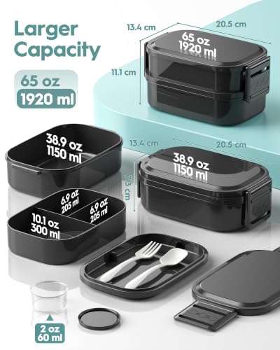BiuLeon Bento Box Adult Lunch Box, 65 Oz Capacity Lunch Containers(Adjustable 2/3 Tier), BPA-Free, Leak-Proof and Stackable Bento Lunch Box, Microwave & Dishwasher Safe with Utensils(Black) - color: Black