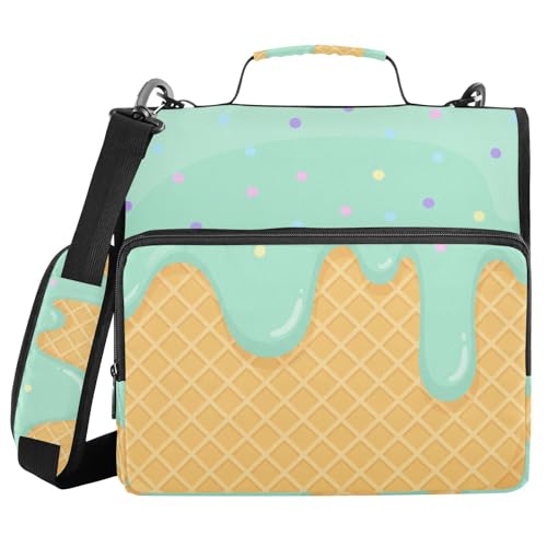 ALAZA Zipper Binder 3 Ring Green Ice Cream of Waffles Binder Organizer with Zipper and Shoulder Strap Large Capacity Multi-Pocket Trapper Keeper File Folder for Office Supplies - color: Multicolored 126