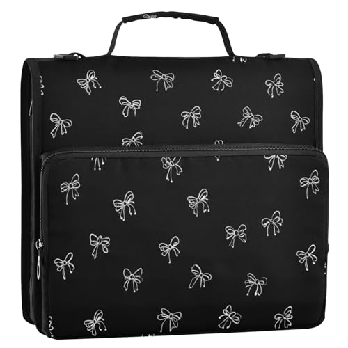 Bow Black 3 Ring Zipper Binder 500 Sheets Capacity Binder Organizer Bag with Shoulder Strap and Handle for School Office - color: Black Bow