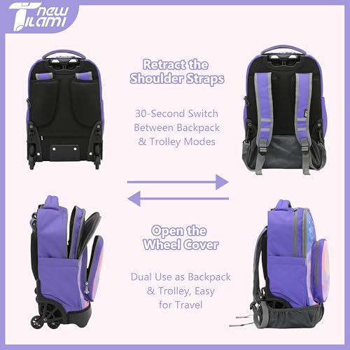 NEW TILAMI 18-Inch 6-Wheel Rolling Backpack for Kids, Purple Sky | Tear-Resistant Tuck-Away Trolley Handle Padded Back Panel Adjustable Shoulder Straps School Days Trips - color: Purple Sky