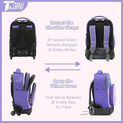 NEW TILAMI 18-Inch 6-Wheel Rolling Backpack for Kids, Purple Sky | Tear-Resistant Tuck-Away Trolley Handle Padded Back Panel Adjustable Shoulder Straps School Days Trips - color: Purple Sky