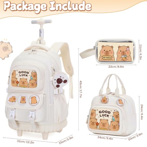 Capybara Rolling Backpack for Girls - 3PCS Girls Backpack Kids Suitcase with Lunch Box & Pencil Case Travel - Capybara Backpack with Wheels for Kindergarten Preschool Elementary (Beige) - color: Beige