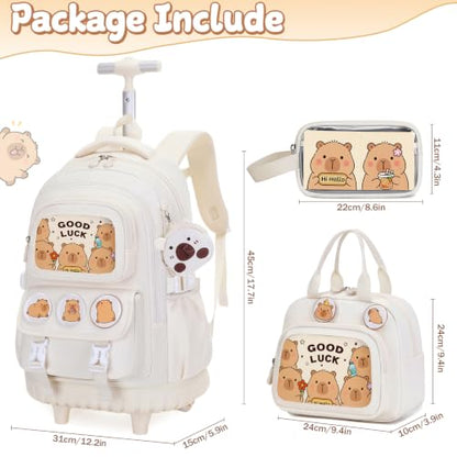 Capybara Rolling Backpack for Girls - 3PCS Girls Backpack Kids Suitcase with Lunch Box & Pencil Case Travel - Capybara Backpack with Wheels for Kindergarten Preschool Elementary (Beige) - color: Beige
