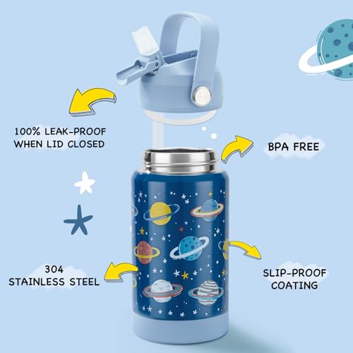 Kerilyn 12oz Kids Water Bottle 2 Pack, Stainless Steel Insulated Water Bottle Bulk, Toddler Cups with Straws Leak-Proof, Kids Water Bottles for School Boys Girls, BPA Free, 2 Piece Set Planet + Kitty - color: A. Planet + Kitty