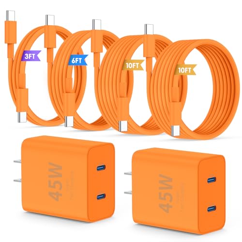 QZIIW iPhone 17 16 15 Pro Max Charger Fast Charging,45W Dual Port USB C Fast Charger Block [2-Pack] & Extra Long 60W 3/6/10/10FT USB C Cable - PD Quick Adapter 3.0 for iPhone 16 15 17/16 15 17 Pro. - color: Orange, size: 3FT+6FT+10FT+10FT