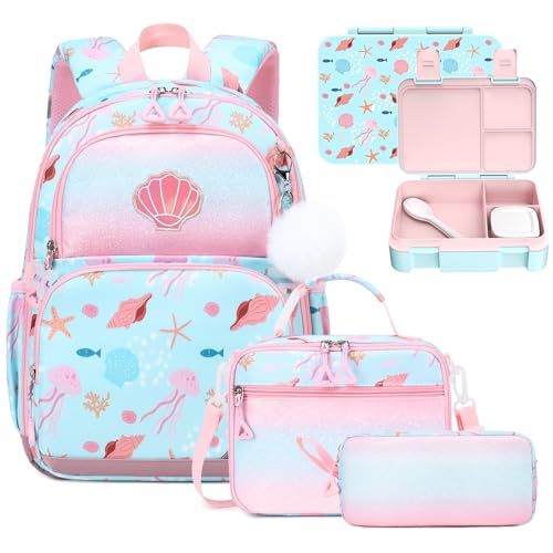 Kids Backpack for Girls - 4PCS Girls Backpack Bento Box with Lunch Bag & Utensils Set for Kids - 4 Leakproof Compartments Removable Tray Lunches or Snack Container for School - color: 4pcs C Blue Shell