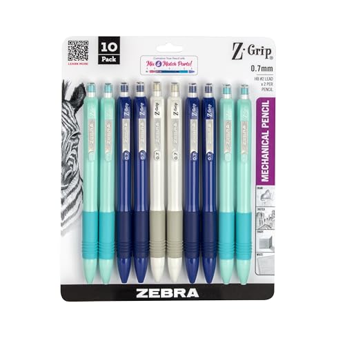 Zebra Pen Z-Grip Mechanical Pencil, 0.7mm #2 HB, Blue Barrels, 10-Pack | Latex-Free Grip, Smooth Writing, Comes Pre-Loaded with Lead and Eraser, Refillable, Ideal for School Supplies (50610) - color: Assorted Blue Brights A