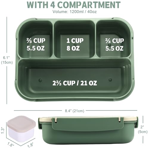 Bento Box Adult Lunch Box, Lunch Containers for Kids Girls Boys with 4 Compartments, Lunchable Food Container with Utensils, Sauce Jar, Muffin Liners, 40 Oz/5 Cup, Microwave & Dishwasher Safe, Green - color: Green