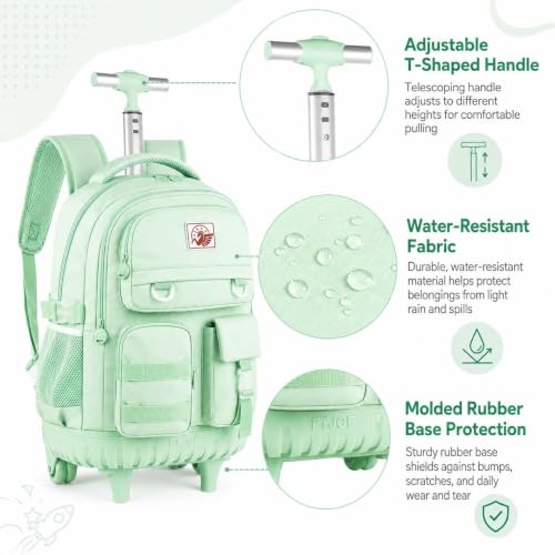 CCJPX Rolling Backpack for Girls Women, 21 inch Roller Wheels School Bookbag, Wheeled Suitcase Backpacks with Lunch Bag for Teen - Green - color: Green