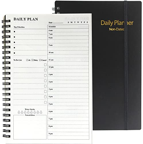 Daily Planner Undated, A5 To Do List Notebook with Hourly Schedules, Spiral Time Management Organizer for Man Women, 8.3" x 5.6" 152 Pages Black - color: 1 Pack