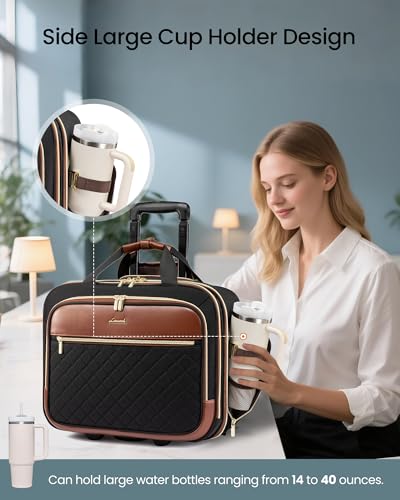LOVEVOOK Rolling Laptop Bag Women, 17.3 Inch Laptop Briefcase with Wheels, Soft Sided Underseat Carry On Luggage Personal Item Suitcase for Work Travel Business, Black Brown - color: Black-Brown