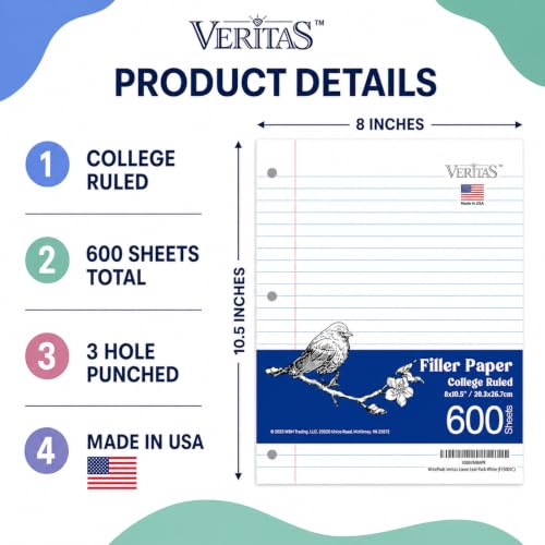 WritePads College Ruled Loose Leaf Paper, 600 Sheets Bulk Notebook Paper, 8"x10-1/2" 3 Hole Punched Filler Paper, Fits Standard 3-Ring Binder, 65lb Thick Paper, Made in USA - color: College Ruled Filler Paper, size: 4 Pack (600 Sheets)