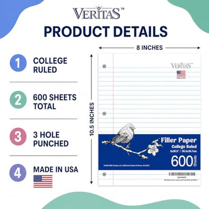 WritePads College Ruled Loose Leaf Paper, 600 Sheets Bulk Notebook Paper, 8"x10-1/2" 3 Hole Punched Filler Paper, Fits Standard 3-Ring Binder, 65lb Thick Paper, Made in USA - color: College Ruled Filler Paper, size: 4 Pack (600 Sheets)
