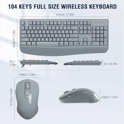 Wireless Keyboard and Mouse Combo, EDJO 2.4G Full-Sized Ergonomic Computer Keyboard with Wrist Rest and 3 Level DPI Adjustable Wireless Mouse for Windows, Mac OS Desktop/Laptop/PC(Grey) - color: Gray