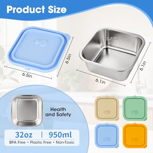 2 Pack 32oz Stainless Steel Snack Containers with Silicone Lids, Leakproof Airtight Metal Bento Box, Reusable Food Storage for Meal Prep, Sandwich, Travel, Stackable BPA Free (2pack-B) - color: 2pack-B