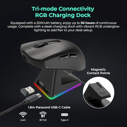 TECWARE EX1 Lightweight Gaming Mouse | 26K DPI Wireless Mouse with OLED Display | 59g Ultra-Light Design | RGB Charging Dock | Tri-Mode Connectivity 2.4GHz/Bluetooth/Wired with Grip Tape | Black - color: Black