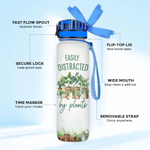 Plant Lover Water Bottle 32oz with Motivational Time Marker Easily Distracted by Plants Gift for Women Gardening Houseplant Lover Birthday Mothers Day BPA Free Reusable - color: Garden
