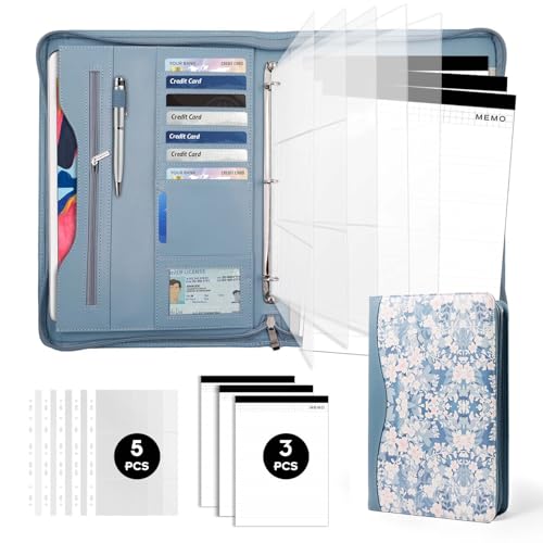 Padfolio Portfolio Folder Binder-Organizer Planner Notebook Zippered Portfolio Padfolio for Women & Men with Document Sleeve,Letter/A4 Size Clipboard,Business Card Holders (Blue Flower) - color: Blue Flower