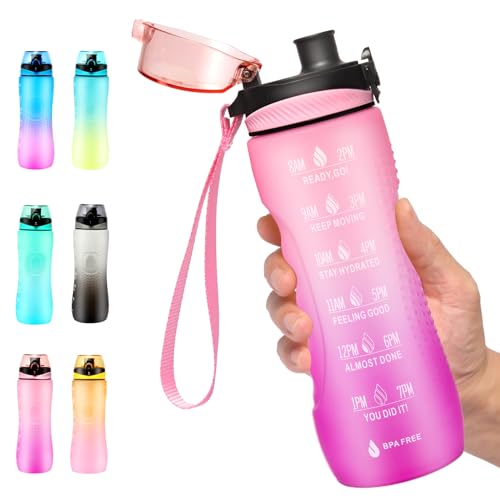 Water Bottle,25oz Motivational Drinking Bottles with Time Marker,Sports Water Bottle with Carrying Strap,Leakproof & BPA Free,Reusable,for Teenager, Adult,Outdoors, Cycling, School & Office - color: Pink Purple, size: 25.4 Ounces