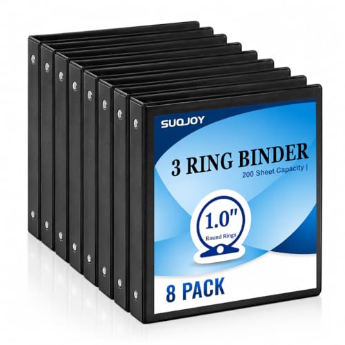 SUQJOY 1-inch 3-Ring Binder, 1" Round Ring Binder with 2 Inside Pockets, 8 Pack Black Binders, Clear View Cover, Holds 8.5'' x 11''Paper for Office/Home/Back to School - color: Black, size: 1 inch, style: 8pack