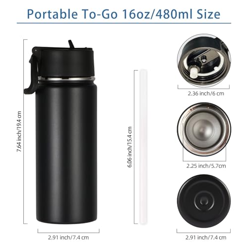 Volhoply Kids Insulated Water Bottle with Straw,16oz Stainless Steel Cold Water Bottles for School,BPA-Free Metal Wide Mouth Cups with Handle Lid,Reusable Double Wall Vacuum Sport Flask(Black,1) - color: Black
