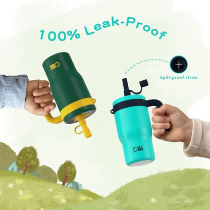 OISIZ 14oz Kids Tumbler with Straw Lid & Handle,Kids Cup with Animal Accessory for School,Kids Water Bottles with Dust-proof Cover,Leakproof Bottles,316 Stainless Steel,Keep Cold 24 Hours-dark green - color: grassland green