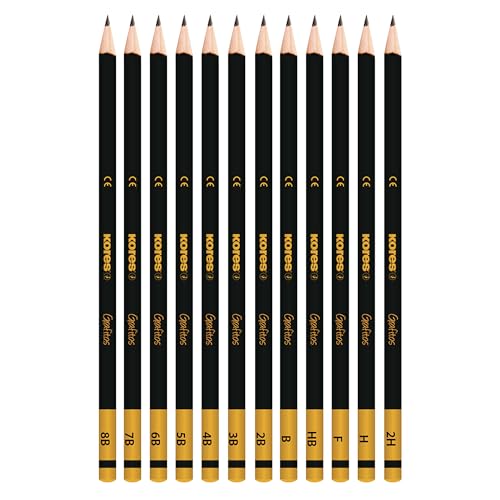 Kores - Grafitos: Graphite Pencils Different Grades Set for Kids and Adults with Soft Lead, Triangular Shape, School and Art Supplies for Writing, Drawing and Sketching, Set of 12 in Metal Box