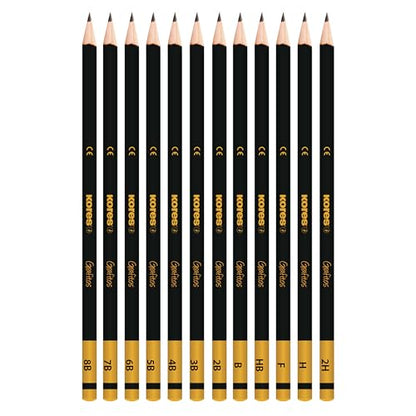 Kores - Grafitos: Graphite Pencils Different Grades Set for Kids and Adults with Soft Lead, Triangular Shape, School and Art Supplies for Writing, Drawing and Sketching, Set of 12 in Metal Box
