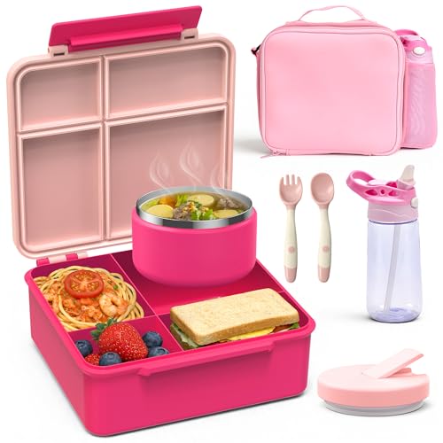 HOMEKOL Bento Lunch Box Set for Kids, Pink | with Stainless Steel Insulated Food Jar, Plastic Water Bottle, Bag and Silicone Spoon and Fork for Boys Girls - color: Pink