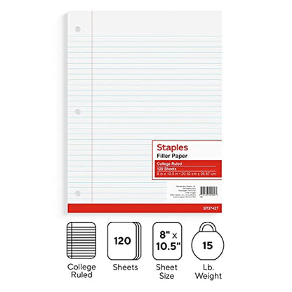 STAPLES College Ruled Filler Paper, 8” x 10.5”, 120 Sheets/Pack - style: 120 Pack