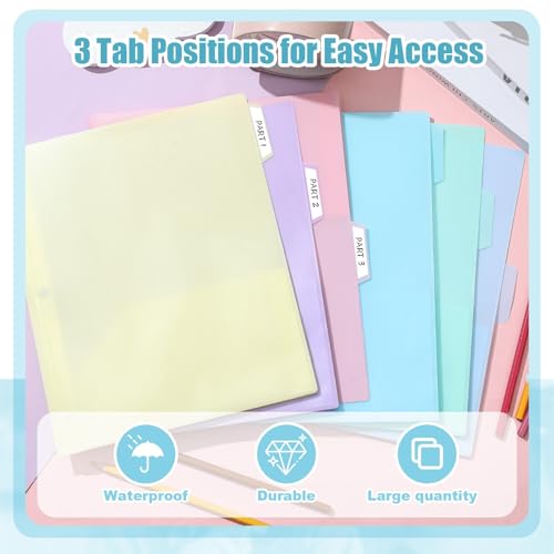 Fuutreo 12 Pack Pastel Plastic Folders with 2 Pockets & Clear Front View Pocket, 3 Hole Punched for Binders, 1/3 Cut Tabs, Heavy Duty Letter Size Clear Front View, 3 Hole Punched - style: 3-prong with View Pocket Style