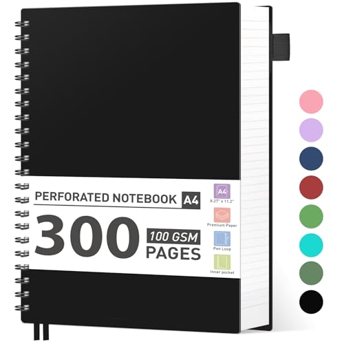 AHGXG Spiral Notebook College Ruled - Spiral Journal Perforated Notebook A4 8.5" x 11", 300 Pages Easy Tear Perforated Pages, 100GSM Thick Paper, Plastic Hardcover, for Writing Work School, Black - color: Black, size: A4-Perforated