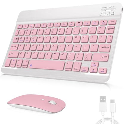 Rechargeable Bluetooth Keyboard and Mouse Combo, Universal Ultra-Slim Wireless Keyboard Mouse Set for Android Windows iPad iPhone Samsung Tablet Portable Compact Keyboard Set (Pink) - color: Pink