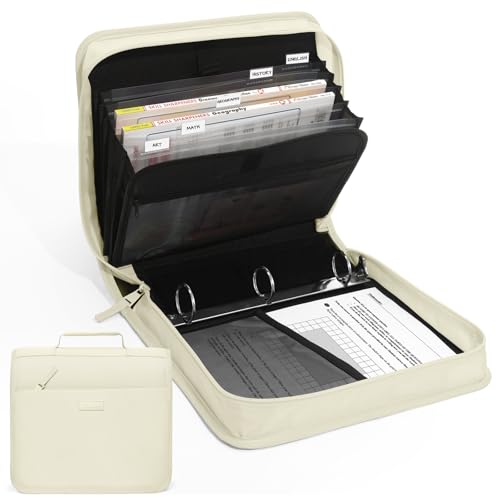 SUNEE Zipper Binder with Handle, 1.5 Inch O-Ring, 325 Pages Capacity, with 5-Tab Expanding File Folder for Classified Storage, Small Size Lightweight Zipper Bag for Middle School Students, Soft Beige - color: Soft Beige
