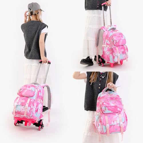 Kids Rolling Backpack for Girls School Backpack with Wheels for Girls Wheeled Bookbags Roller Trolley Bags for Primary Students, 6-Wheel Pink - color: 6 Wheels Pink