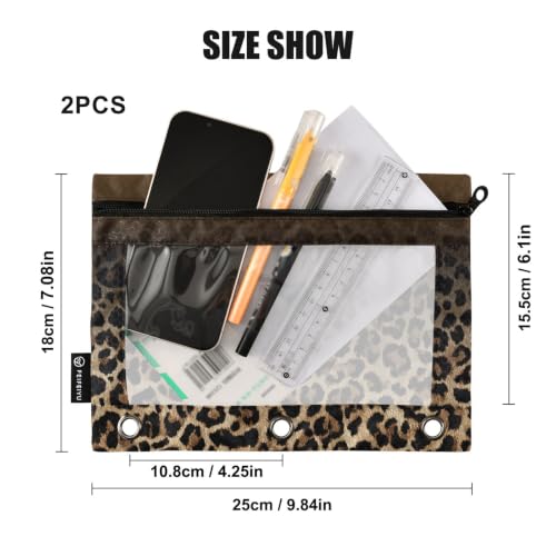 Gredecor 3 Ring Binder Pencil Pouch, Gradient Brown Leopard Cheetah Zippered Pen Case Pouches with Clear Window, 2 Pack Stylish Office & School Supplie - color: Gradient Brown Leopard Cheetah