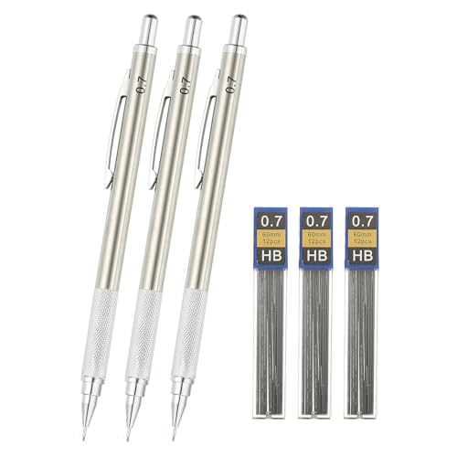 PATIKIL 0.7 mm Mechanical Pencil Set with Lead Refills, Metal Drafting Pencil Artist Lead Holder for Drawing Writing Sketching Marking Art, Silver