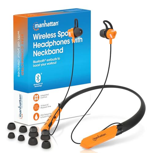 MANHATTAN Bluetooth Wireless Neckband Headphones — Work Earbud Earphones with 15H Playtime, Noise-Isolating, IPX4 Water Resistant, Built-in Mic – for Work, Music, Calls (Black/Orange) - color: Black/Orange