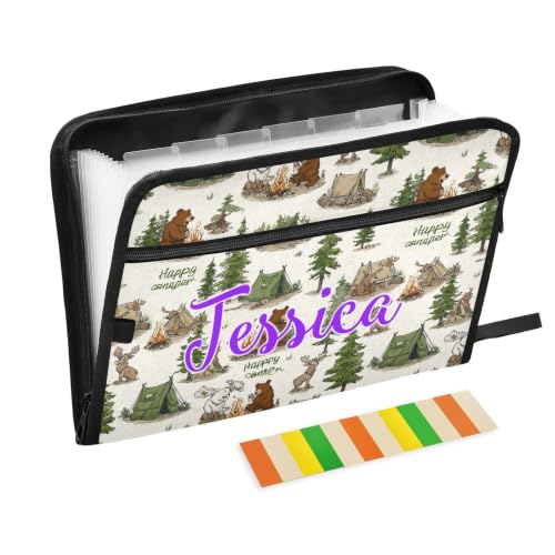 Kcldeci Custom Expanding File Folder with 13 Pockets,Bears and Moose Camper Personalized Accordion Document Organizer with Labels, A4 Letter Size Portable Paper Storage for Office School Home Travel - color: Bears and Moose Camper