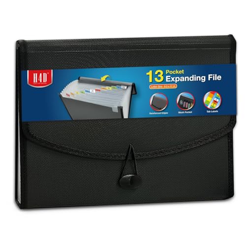 H4D 13-Pocket Accordion File Organizer, Expanding File Folder, Black | Extra Back Mesh Pocket, Letter Size Paper, Pre-Printed and Customizable Labels, Expandable Document Organizer - color: Black