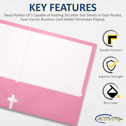 10 Pack Two Pocket Folders, Pink, Strong Thick Paper Folders, for Letter Size, by ACTIVITYya - color: Pink