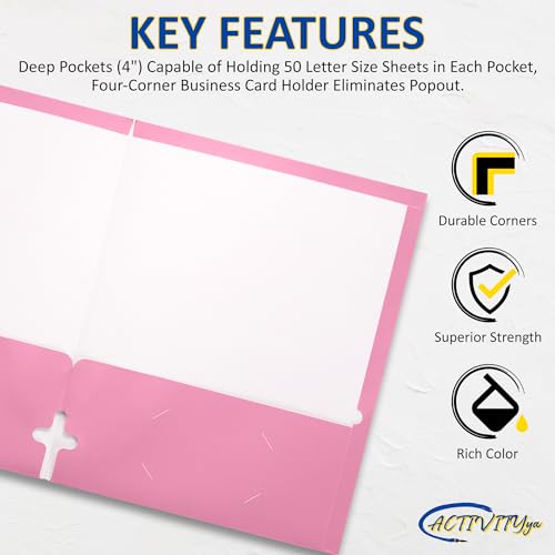 10 Pack Two Pocket Folders, Pink, Strong Thick Paper Folders, for Letter Size, by ACTIVITYya - color: Pink