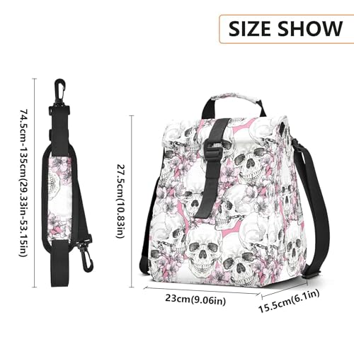 MNSRUU Insulated Lunch Bags Women Men, Halloween Skull Flowers and Pink Cherries Portable Reusable Thermal Meal Tote Cooler Bag Organizer, Adjustable Shoulder Strap, Handle - color: Skulls 084
