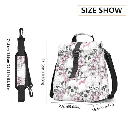 MNSRUU Insulated Lunch Bags Women Men, Halloween Skull Flowers and Pink Cherries Portable Reusable Thermal Meal Tote Cooler Bag Organizer, Adjustable Shoulder Strap, Handle - color: Skulls 084