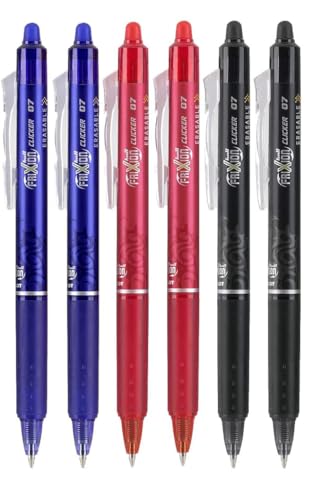 Frixion Clicker Retractable Erasable Gel Pens Fine Point (.7mm) Assorted Colors Black/Blue/Red Ink 6-pk; Bundle with Plastic Reusable Pouch - color: Black/Blue/Red, size: 1 Count (Pack of 6)