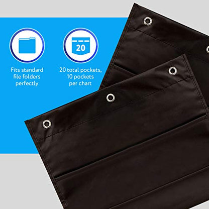 IMPRESA Deep File Pocket Chart - 47 x 14 in, Black - 2-Pack 20-Pocket Chart for Classroom Folders - Reinforced Grommets & Wall File Holder for Teachers